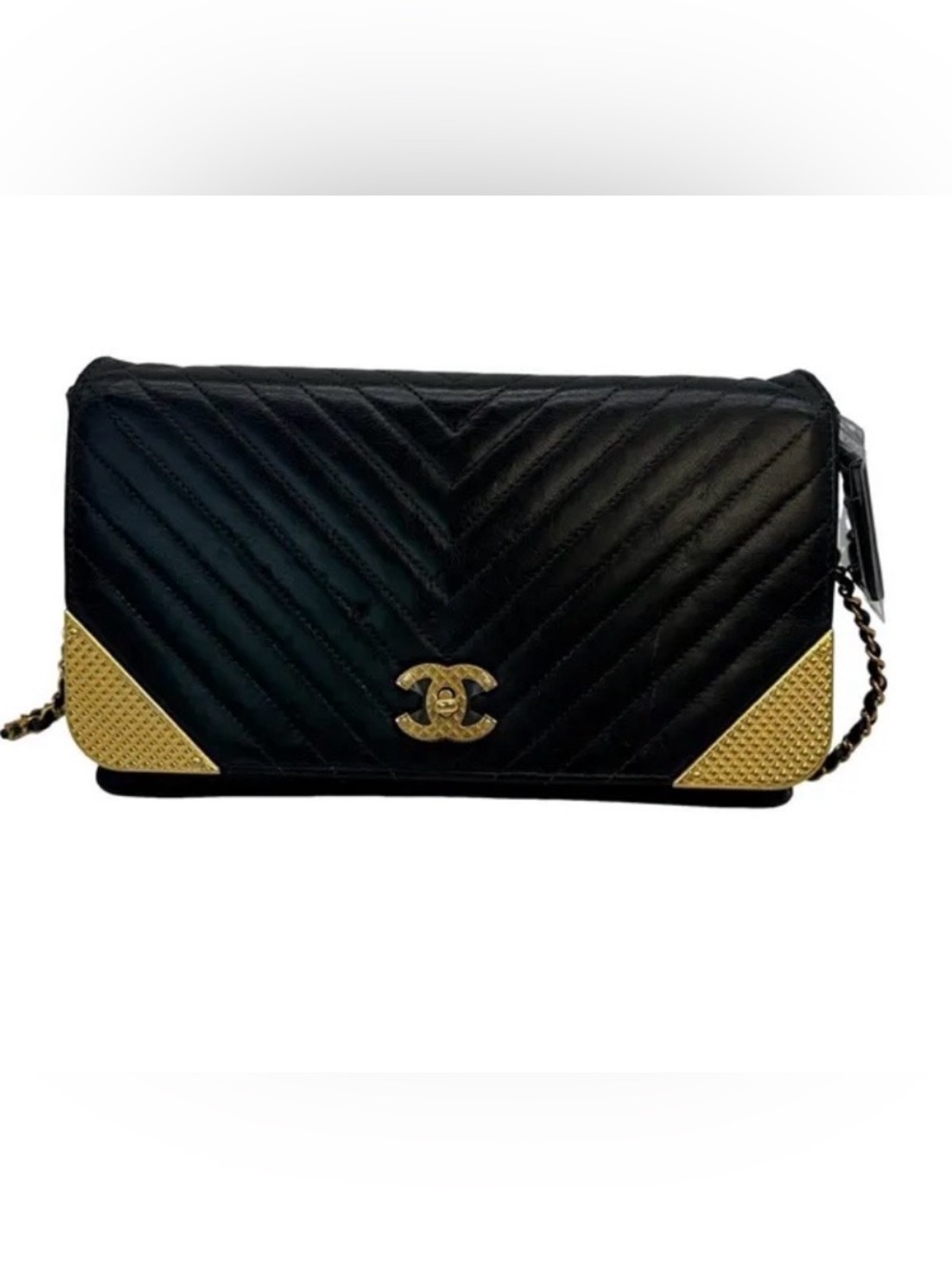 CHANEL Black Chevron Quilted Clutch “rock the corner” WOC Gold CC Hardware